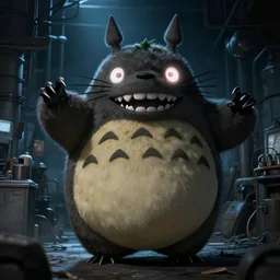 terrifying photo of totoro with glowing eyes about to attack in a dark factory, claws, sharp teeth, aggressive violent realistic flash photography