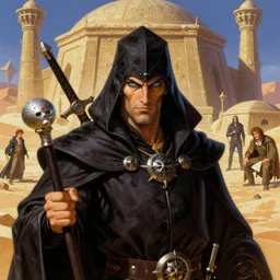 a vibrant illustration portrait of a male necromancer with piercing eyes in very detailed desert tomb setting, art by frank frazetta, artgerm, michael whelan, chris riddell, greg rutkowski, wallpaper, rpg, rpg portrait, dungeons and dragons, pathfinder, baldur's gate, darksun
