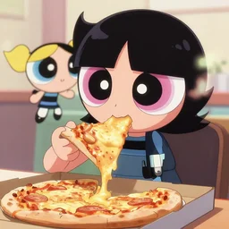 buttercup eating pizza as a human, 4 k, powerpuff girls style, highly detailed, art station