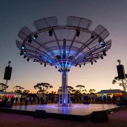 low angle shot of dancefloor at festival in the desert, clean, celebration, party, night time australian outback, parks, recreation, village, high technology, biomimetic, urban planning, XF IQ4, 150MP, 50mm, F1.4, ISO 200, 1/160s, sunset