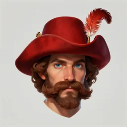Man with blue eyes and brown curly mustache wearing a red musketeer hat with a single feather on it. No beard only mustache. D&D Character Head and Shoulders Portrait. RPG Digital Artwork. 4K. Trending on Artstation.