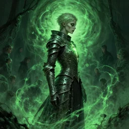 side profile, imogen poots, possessed, elden ring, corrupted armor, luminescent, haunted, evil inky swirly ripples, sickly green colors, by greg manchess, huang guangjian, gil elvgren, sachin teng, greg rutkowski, jesper ejsing, ilya kuvshinov