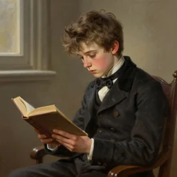 1830s young boy trying to read a book, highly detailed, digital painting, artstation, concept art, art by artgerm and Johfra Bosschart