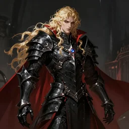 blond long curly haired Lucius bloodborne concept art, dramatic darkness, handsome young vampire prince mega evil lv99 praetorian raid boss, jagged black armor with long red tabard, soft focus