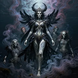 goddess of death with full body tattoos and black feather armor, by petros afshar, ross tran, peter mohrbacher, tom whalen, underwater psychedelic smoke, highly detailed, intricate, elaborate, illustration, sharp focus, featured on artstation, high resolution 8 k image, 3 0 0 dpi