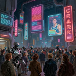 futuristic neon signs in a scene of ( the masses awaken ), ( ( robot cyborgs ) ), futuristic oil painting by rembrandt and jeff koonz, ( ( led panel screens and projections ) ), intricate details, ( ultra realistic ), dynamic lighting, ( octane render ), ( ( ( vertical led strip lighting ) ) )