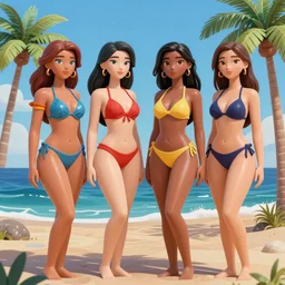 extremely attractive bikini girls in guernica picasso style on a beach with palm trees 3 d render octane art station digital art