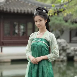 a photo of an East Asian Princess wearing a Green dressin the Shany Garden