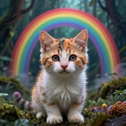 of a beautiful rainbow Hyperrealistic kitten fluffy in a dark scary smokey surreal jungle, macro lens, ultra shallow depth of field, highly detailed, digital painting, trending artstation, concept art, vibrant colors, illustration, cinematic lighting, vibrant colors, photorealism, epic, octane render