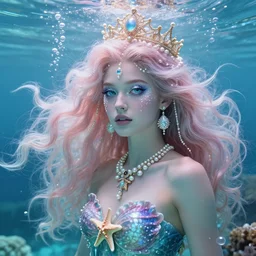 “ phoebe waller - bridge portrait, fantasy, mermaid, hyperrealistic, game character, underwater, highly detailed, sharp focus, cinematic lighting, pearls, glowing hair, shells, gills, crown, water, highlights, starfish, jewelry, realistic, digital art, pastel, magic, fiction, ocean, king, colorful hair, sparkly eyes, fish, heroic, goddess, waves, bubbles, queen ”