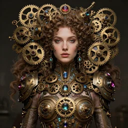 A steampunk beautiful goddess, she is curly, she is embellished with gears wheels and gemstones, by William Holman Hunt, Greg Rutkowski, Stanely Artgerm, Tooth Wu, Peter Gric, Aaron Horkey, trending on Artstation, digital art, mythological, symmetrical artwork, cinematic lighting, hyper realism, high detail, octane render, ultra realistic, golden ratio, 4k, 8k
