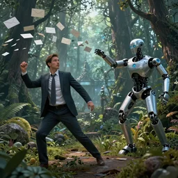 A marketing manager, lost in an enchanted forest, followed by a cyborg which is throwing emails at him, digital art in the style of James Gilleard, unreal 5, DAZ, hyperrealistic, octane render, dynamic lighting