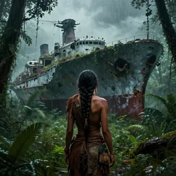 a tribal woman from behind, in front of a rotten post apocalyptic aircraft carrier in the rain forest, overgrown with vegetation, by Luis Royo, by Greg Rutkowski, dark, gritty, intricate, backlit, strong rim light, cover illustration, concept art, volumetric lighting, volumetric atmosphere, sharp focus, octane render, trending on artstation, 8k