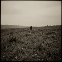 old photo of a creepy landscape, creepy figure in the distance