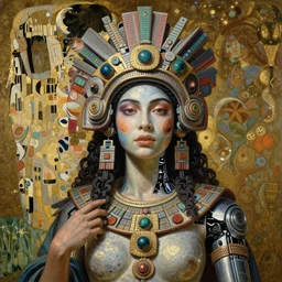 Masterpiece painting of beautiful mayan queen  by Donato Giancola and Tom Bagshaw, face by Artgerm and Edmund Leighton, Alphonse Mucha, background by James Jean and Gustav Klimt, 4k, partial robotic body, volumetric Lighting, porcelain skin, komorebi, french nouveau, trending on pixiv