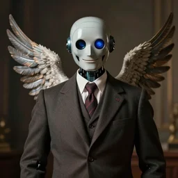 portrait of a friendly robot, suit and tie, wings, historic portrait, dramatic lighting, octane render