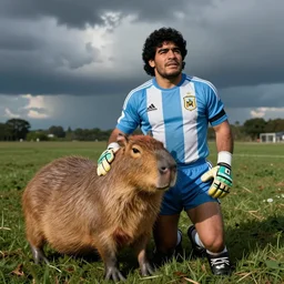 a capybara goalkeeper with diego maradona