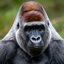 a detailed portrait of a silverback gorilla in close-up with a gold nose ring and red iroquois hairstyle