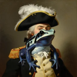a portrait painting of an amazon milk frog wearing a black! tricorn with a white! feather and a military uniform by gilbert stuart, american scene painting, oil on canvas