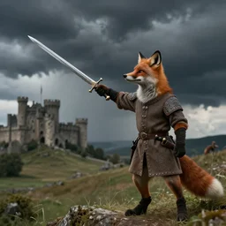 anthropomorphic fox who is a medieval knight holding a sword towards a stormy thundercloud 1 9 3 0 s film still, castle in the background, being shown in a theatre