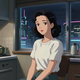 portrait of a beautiful girl with dark hair that's styled in a 1940's fashion, dressed in a white t-shirt, sitting in an apartment kitchen alone by window that overlooks futuristic city, nighttime, low-key neon lighting, 4k, HQ, official media, anime key visual, makoto shinkai, ilya kuvshinov, lois van baarle, rossdraws, detailed, trending on artstation
