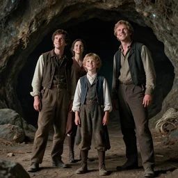 sharp, highly detailed, film from a sci fi 1 6 k movie, set in 1 8 6 0, family standing outside a cave on a strange alien planet, looking happy, wearing 1 8 5 0 s era clothes, atmospheric lighting, in focus, reflective eyes, 3 5 mm macro lens, live action, nice composition, good photography