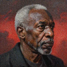 a painting of a elder man by Lynette Yiadom-Boakye . details, smooth, sharp focus, illustration, realistic, cinematic, artstation, award winning, rgb , unreal engine, octane render, cinematic light, macro, depth of field, blur, red light and clouds from the back, highly detailed epic cinematic concept art CG render made in Maya, Blender and Photoshop, octane render, excellent composition, dynamic dramatic cinematic lighting, aesthetic, very inspirational, arthouse.