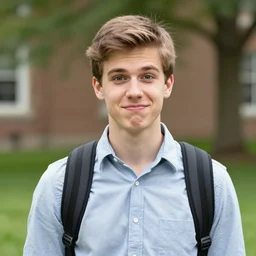 a color photograph of a very handsome young guy in 2 0 8 8, he is at college and being silly