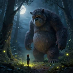 a small boy!! meets a huge!! furry monster in a misty moonlit forest, painting by peter mohrbacher. surrounded by glowing fireflies, cinematic lighting, dynamic composition, cgsociety