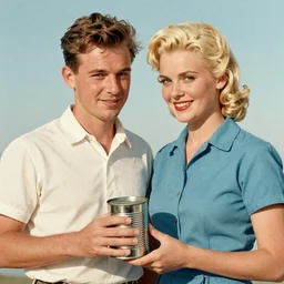 “ portrait, couple, tin can, blonde, color vintage magazine illustration 1950”