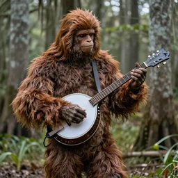 bigfoot playing the banjo in the bayou