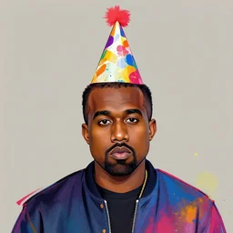 illustration of kanye west wearing a birthday hat, colorful, artistic, vibrant, high fashion, art