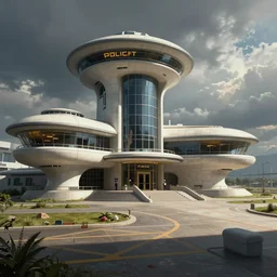 Futuristic police station. By Frank Lloyd Wright, concept art, digital painting, unreal engine,highly detailded