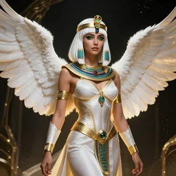 attractive white haired egyptian queen wearing white dove wings, warframe armor, regal, attractive, ornate, sultry, sexy, beautiful, elize theron, pretty face, green eyes, scifi platform, 4 k, ultra realistic, epic lighting, illuminated, cinematic, black gold, art by akihito tsukushi, voidstar, artgerm