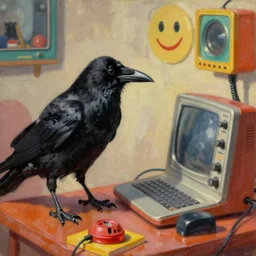 a raven investigating 8 0 s era technology, vintage shapes, retro technology, happy color, wayne barlow, oil on canvas, deep depth of field, masterpiece, cinematic composition, hyperdetailed