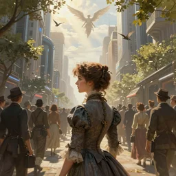 portrait of a victorian lady within a crowd of people in a futuristic city, from behind, streets, angels in the sky, sunlight and rays of light shining through trees, birds, tall buildings on the sides, beautiful, solarpunk!!!, highly detailed, digital painting