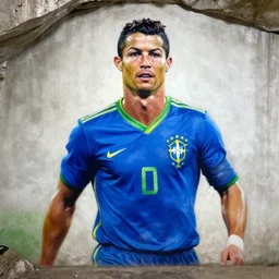 a cave painting of ronaldo fenomeno wearing the brazil national football team blue jersey number 9 and white shorts dribbling past a goalkeeper. lascaux cave paintings, cahuvet