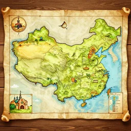 a detailed drawing of a colorful ancient map in a cartoon