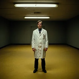 a 1 9 5 0 s male scientist wearing a lab coat standing lost in the backrooms, mono - yellow old moist carpet, empty liminal space, very dark shadows, broken fluorescent lighting, horror movie scene, film grain