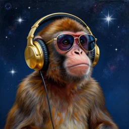 a very detailed, 4 k painting of a monkey wearing golden headphones with shades looking up at the night sky filled with stars and galaxies