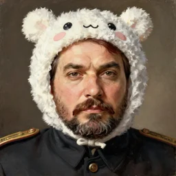 protrait of stalin, wearing anime hoddy, kawaii face, oil painting, by hubert van eyck