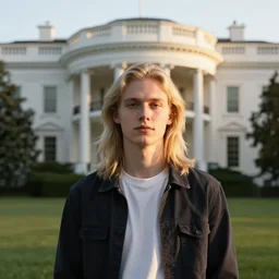 a pale young man with long light blond hair in front of the white house, high quality, portrait photography, golden hour