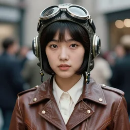 ektachrome, telephoto lens, highly detailed : incredibly realistic, youthful asian demure, feminine cut, exquisite features, close up portrait photo 1 9 7 0 s frontiers in flight leather suit cosplay, street photography fashion shoot, evening, nick knight,