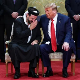 a award winning pulitzer price full body photograph of bashar al assad crying on the shoulder of donald trump, slight sensual undertone