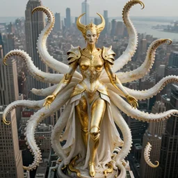a photo of 8 k ultra realistic corrupted lovecraftian golden humanoid queen standing above new york, 8 intricate white and gold tentacles, ornate white and gold armour, cinematic lighting, trending on artstation, 4 k, hyperrealistic, focused, extreme details, unreal engine 5, cinematic, masterpiece