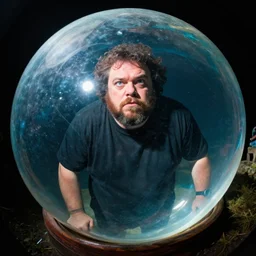 Jack Black trapped inside a large bubble, day of the tentacle style, fish eye