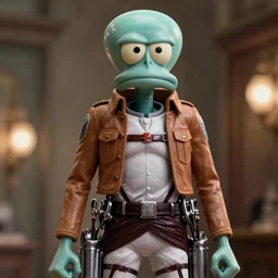 Fine art photo of Squidward as a Titan in Attack On Titan, you can see a bokeh effect behind the Squidward Titan, the photo was taken by Annie Leibovitz, photorealistic, matte painting, hyper realistic, concept art, 4k, 8k, cinematic composition, cgsociety, HD, highly detailed, octane render, unreal engine 5, trending on artstation, shaders