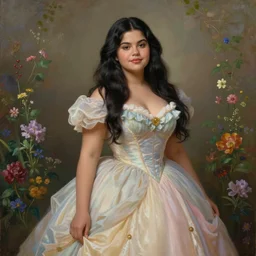 beautiful thirty year old woman with long black hair, tan skin, curvy hourglass figure, round cute face, slight resemblance to selena gomez wearing a modest colorfu ldisney princess gown in a field of flowers. beautiful painting by artgerm and greg rutkowski lois van baarle and bouguereau