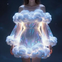 a woman wearing cloud clothes, clothes that look like clouds, stormy clothing, ambient lighting, luminous, radiant, glowing, iridescent, lustrous, shimmering, brilliant, vivid, digital art, anime style
