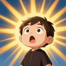 a cartoon character with a surprised look on his face, concept art by Michelangelo, reddit, symbolism, glorious, sunrays shine upon it, 8k